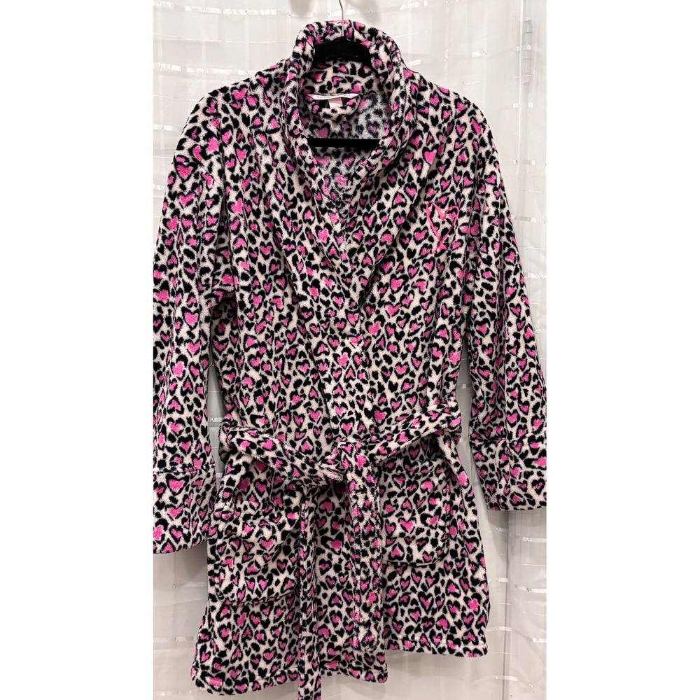 Victoria's Secret Pink‎ Black Heart Leopard Print Plush Fleece Robe ML